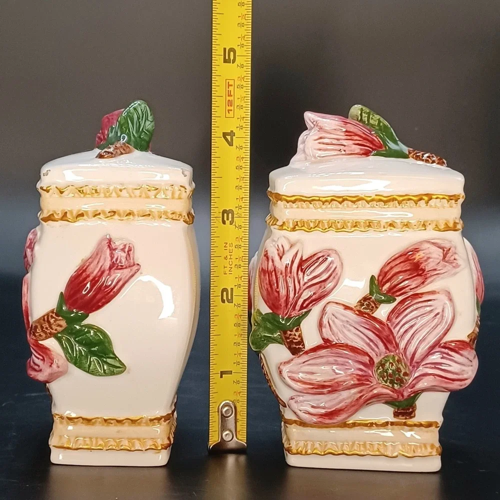 Vintgage K & K Salt and Pepper Shaker Set‎ Pink Floral Majolica Style *READ*